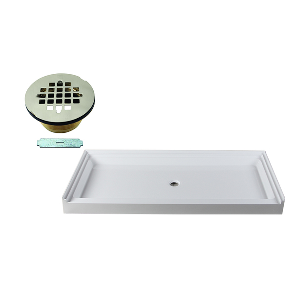 Westbrass Shower Pan 72 x 36 3-Wall W/ Center Solid Brass Drain W/ Modern Cross Grid in Satin Nickel HPG7236WHB-07